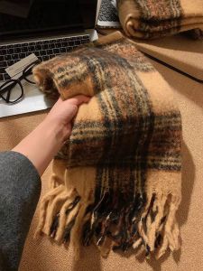 Salt Blue Plaid Scarf Womens Winter Warm Thickened Cashmere Vintage Style Long Rectangle Korean Version Fashion Accessories