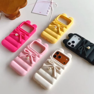 3D Bear Ear Pearl Bow Puffer Down Jacket Silicone Phone Case For iPhone 17 16 15 14 13 Pro Max