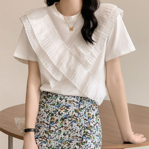 Chiffon Ruffle Pure Cotton Short Sleeve T-Shirt Women Summer New Design Loose Top Korean Style round Neck Solid Color Patchwork