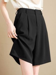 กางเกงขาสั้นทรงเอเอวสูงทรงหลวมสำหรับผู้หญิงในช่วงฤดูร้อน สีดำ ผ้าบาง กางเกงขายาวลำลองสำหรับใส่กลางแจ้ง ความยาวห้าส่วน
