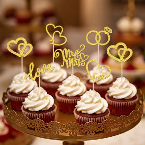 YOMDID 24Pcs Wedding Cupcake Toppers Glitter Mr Mrs Cake Toppers Double Hearts Love Heart Rings Cake Picks Wedding Decorations
