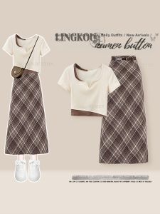 NUMEN BUTTON | Plus Size Stylish Summer Set Slimming Younger T-shirt Plaid Skirt