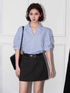 BAIDAIFEI | French Style White V-Neck Short Sleeve Blouse