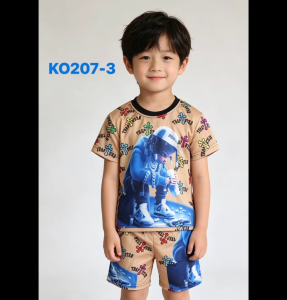 KO207-8# Boys short-sleeve t-shirt and shorts set with skateboard graphic and multicolored logos.