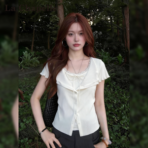 La Chapelle | Womens V-Neck Tie-Up Wooden Ear Edging Illusion Layered Slimming T-Shirt