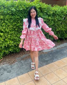 P007-054 PIMNADACLOSET - Crew Ruffle Neck Long Sleeve Button Down Cotton Blend Print Loose Shirt Dress