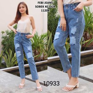Boyfriend Jeans Sobek Lapis Furing Pinggang Karet 27-34