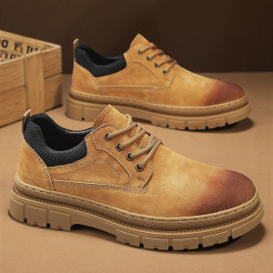 Leather Work Boots Mens Low Top Martin Boots Retro Unbreakable Large Yellow Boots Labor Protection Work Shoes Casual Style