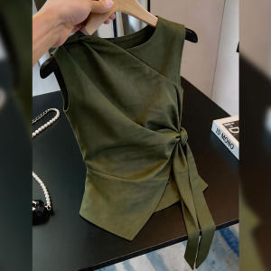 French Design Olive Green Sleeveless & Cross Tie Blouse Slimming Versatile Summer