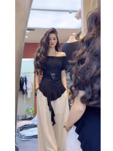 Black Asymmetrical Hem Short Sleeve T-Shirt Women Summer Slit Waist Cinched Sweet And Spicy Style Korean Straight Cut Knit Top
