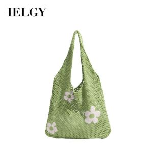 IELGY Ladies Green Hollow Knitted Bag All-Match Large-Capacity Shopping Bag Simple Shoulder