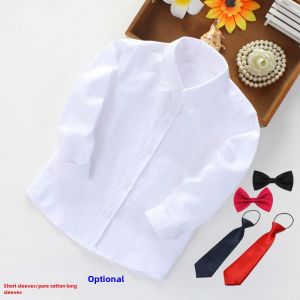 Pure Cotton Kids White Shirt Long Short Sleeve Easiest for Match Boy White Shirt Piano Gown Youth School Uniform Student Performance Wear