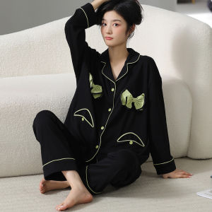 A pure cotton pajama womens spring and autumn sweet and cute long-sleeved cardigan Korean version suit womens spring loungewear pajamas
