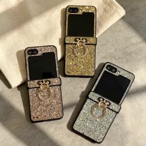 Glitter Ring Holder Luxury Sparkling Gold Faux Rhinestones Phone Case For Samsung Galaxy Z Flip 8 7 6 5 4 3 Flip7 FE Shiny Cover