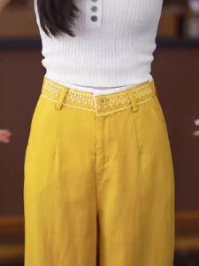 Yellow Lace Splicing Linen Casual Pants Womens Loose Slim Wide Leg Long Trousers Autumn New Style plus Size Pear Shaped Body