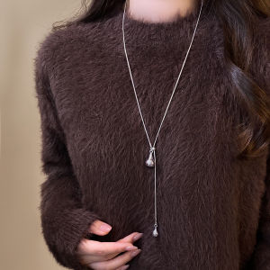 Silver Long Waterdrop Pendant Necklace Womens Fashion Jewelry Elegant Minimalist Style Autumn Winter Clothes Accessory Matching