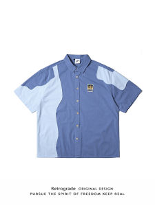 Summer Dopamine Wear Mens Short-Sleeve Shirt Japanese-Style Retro Patchwork Top Young People Feel Casual Overshirt Trendy