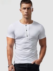 Retro Henry Collar Short-Sleeved T-shirt Men Close-Fitting and Slim-Fitting Summer Pure Cotton Bottoming Shirt Buckle T-shirt Trendy Henley Shirt