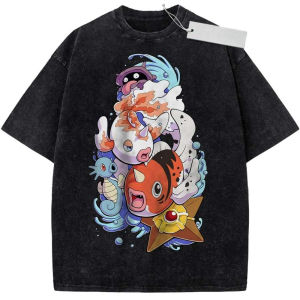 Bandai | Vintage Washed Anime T-Shirt Pokemon Print Magikarp Staryu Design Oversize Streetwear Casual Daily Wear
