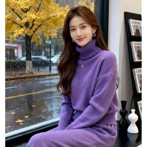 LIANGYILAILIN | New Winter Fashionable Purple High Neck Sweater with Loose Pants Set