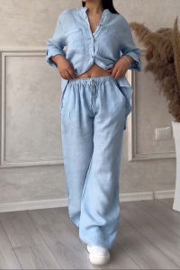 Spring Large Size Cotton Linen Shirt Set High Waist Loose Pants Long-Sleeved Shirt And Pants Fashionable Womens Ensemble