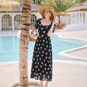 XIANGYING | French Square Neck Dress Waist-Cinching Floral Puff Sleeve