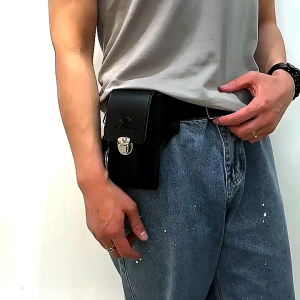 Mens Leather Card Holder Waist Bag - Vertical Belt Pouch with Keychain for Phone/Wallet