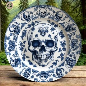 Blue & White Floral Skeleton Vintage Plate - 2D Flat Aluminum Decor Exquisite Craftsmanship Home Party Festive Art