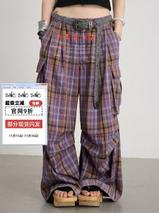 Achihara Casual Wide Leg Pants Spring Autumn Plaid Workwear Trousers Floor-Length Polyester Cotton Spandex Blend