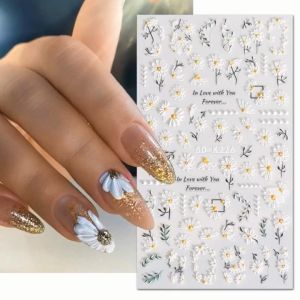 Nail Stickers 5D Embossed Acrylic Nails Design Manicure Nail Art Decorations Spring Flower Peony Daisy Sticker