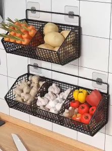 Wall-Mounted Multi-Compartment Kitchen Organizer Rack with Mesh Storage Bins for Spices Fruits and Vegetables