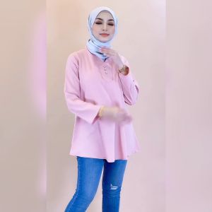 KM Muslimah Non Iron Farisya V-Collar Button Women Blouse Premium Como Crepe Material Ironless [B25332]