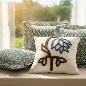 Nordic Floral Embroidered Cushion Cover 45x45cm Teal Blue Pleated Lace Pillow Case for Sofa Decor