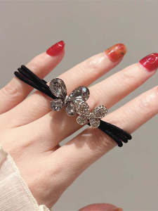 ริบบิ้นยางยืดผมลายผีเสื้อคู่ประดับเพชรสุดหรูหราสำหรับสาวน้อยสไตล์ฝรั่งเศส ริบบิ้นยางยืดผมแบบมีหางม้า ริบบิ้นยางยืดผมทรงกลม