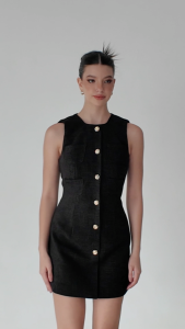 Whatagirlwants - ELYSIA DRESS (เดรสผ้าทวิต 4 กระเป๋า เนื้อนุ่ม ซับในทั้งตัว แต่งกระดุม กุหลาบสีทอง)