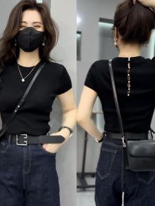 French Elegant Loose Fit round Neck Short Sleeve Knitwear Lace Splicing Design Summer Trendy Womens Fashion Korean Style