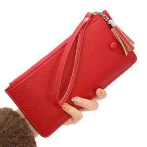 กระเป๋าสตางค์ผู้หญิงแบบยาวพกพาสะดวกสำหรับเดินทางพร้อมช่องใส่โทรศัพท์มือถือและช่องใส่บัตรหลายช่อง กระเป๋าหนัง PU สีพื้น