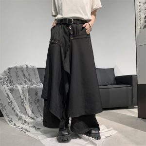 Summer New Mens Casual Pants Wide Leg Pants Patchwork Loose Irregular Design Sensation Small Audience False Two-Piece Suit