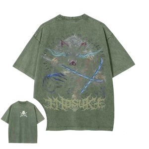 Bandai | Demon Slayer Mens Womens Washed T-Shirt Inosuke Hashibira Summer Spring Anime Tee Retro Distressed High Quality Short Sleeve