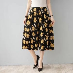 Quần Váy Cạp Cao Mùa Hè 2024 Cho Nữ Quần Dài Đến Đầu Gối Dáng Chữ A Họa Tiết Hoa Vải Polyester Quần Áo Làm Việc Phong Cách Hàn Quốc