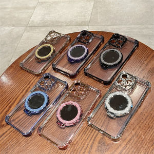 CrashStar เคสโทรศัพท์กันกระแทกแบบหนาสี่มุมเคสโทรศัพท์กันกระแทกแบบใสตั้งได้ติดกระจกแวววาวติดเพชร MagSafe สำหรับ iPhone 16 15 14 Pro Max Plus 13 12 11 Pro Max เคสโทรศัพท์ชาร์จไร้สายใสป้องกันการตก