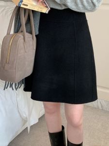 Slimming High Waist A-Line Mini Skirt Korean Style Winter Fashion Faux Fur Wrap Belly Skirt Midi Skirt Black plus Size