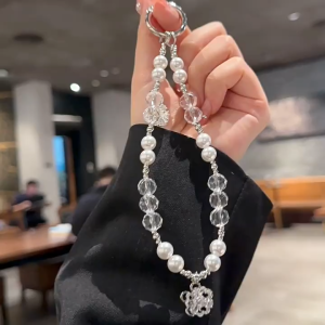 BasicSpark New Arrival Phone Strap White Bead Glass Short Charm Rotatable Phone Chain INS Style Wrist Pendant Crystal Bag Accessory