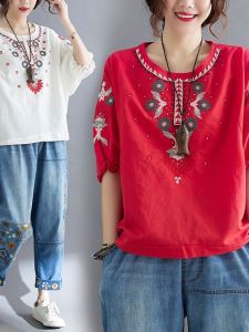 Cotton Linen Heavy Embroidery Cotton T-Shirt Summer New Vintage Art Loose Large Size Versatile Folk Simulation Silk Top