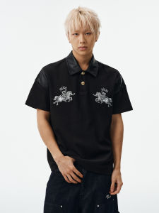 MEDM | Relaxed Fit Collar Letter Embroidery Printed Leather Panel T-Shirt