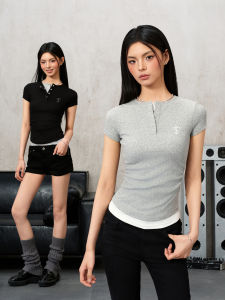 STK Small Town Kid | Pseudo Two-piece Patchwork V-neck Slim Fit Womens T-shirt