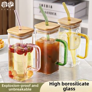 Heat Resistant Borosilicate Glass Water Tumbler with Handle and Lid Straws