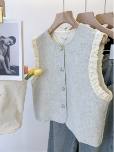 เรียบหรู ลูกไม้ Trim แขนกุด ผู้หญิง เสื้อกั๊ก เสื้อแจ็คเก็ต ฤดูร้อน 2024 รูปแบบใหม่ ทันสมัย เปลือยหลัง เสื้อกล้าม เสื้อผ้าทํางานคอกลม