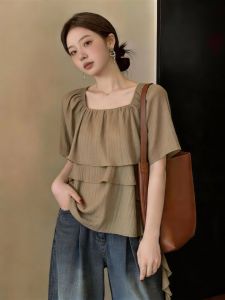 Flattering Large Size Brown Square Neck Short Sleeve Blouse
