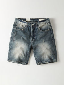 Retro American Style Mens Cotton Jeans Shorts Distressed Five-Quarter Straight Leg Fit Summer Fashionable Casual Trousers